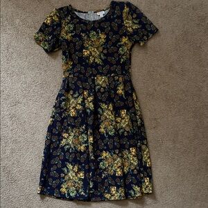 LuLaRoe Navy Dress with Gold Floral Print